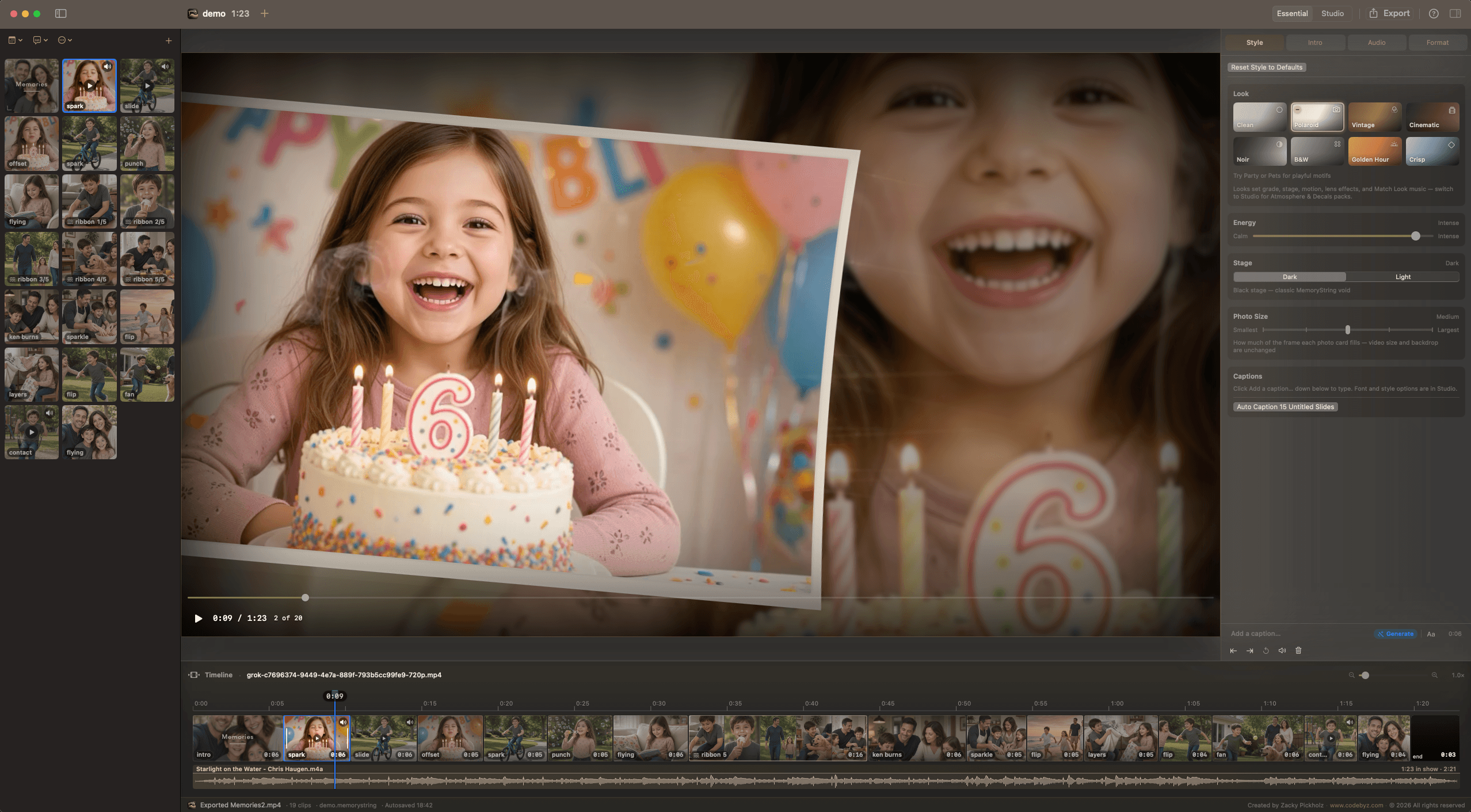 MemoryString editor with timeline, preview, and effects