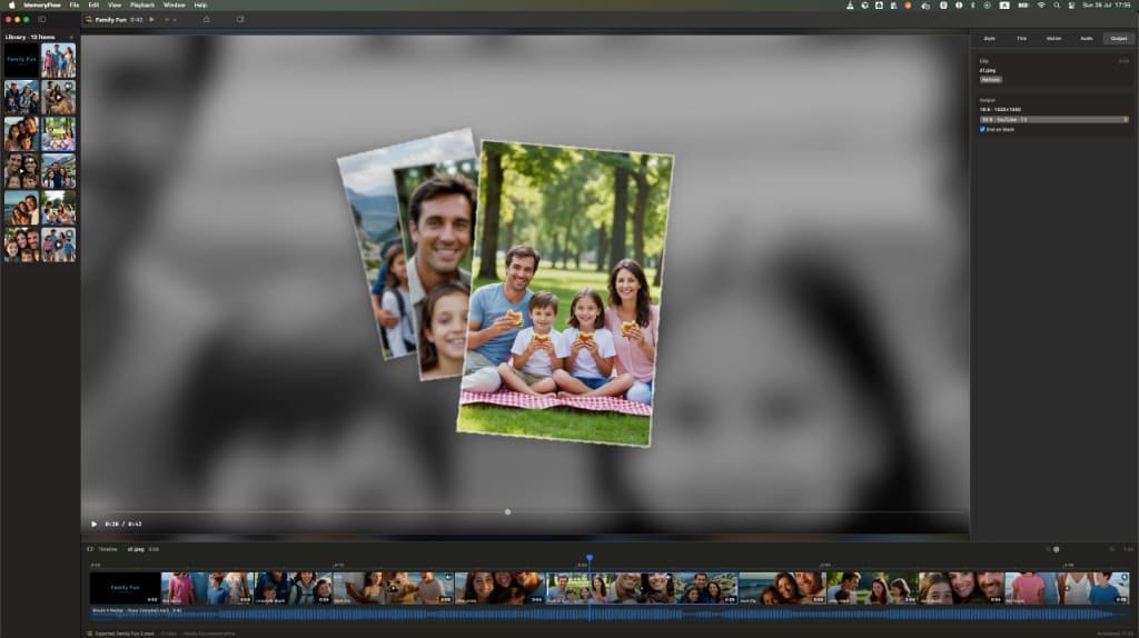MemoryFlow editor with timeline, preview, and effects